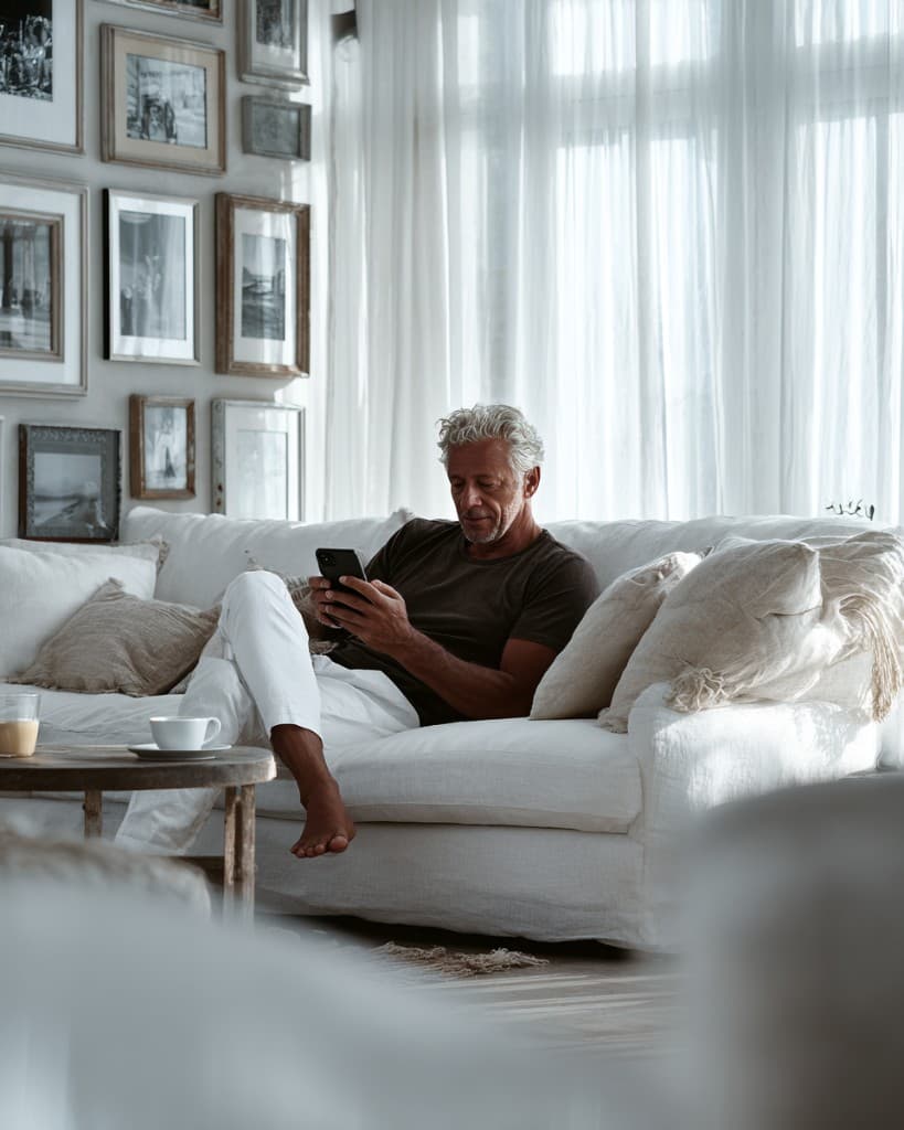 Pessoa em casa no sofá, usando o celular com calma, contexto de cuidado e rotina.